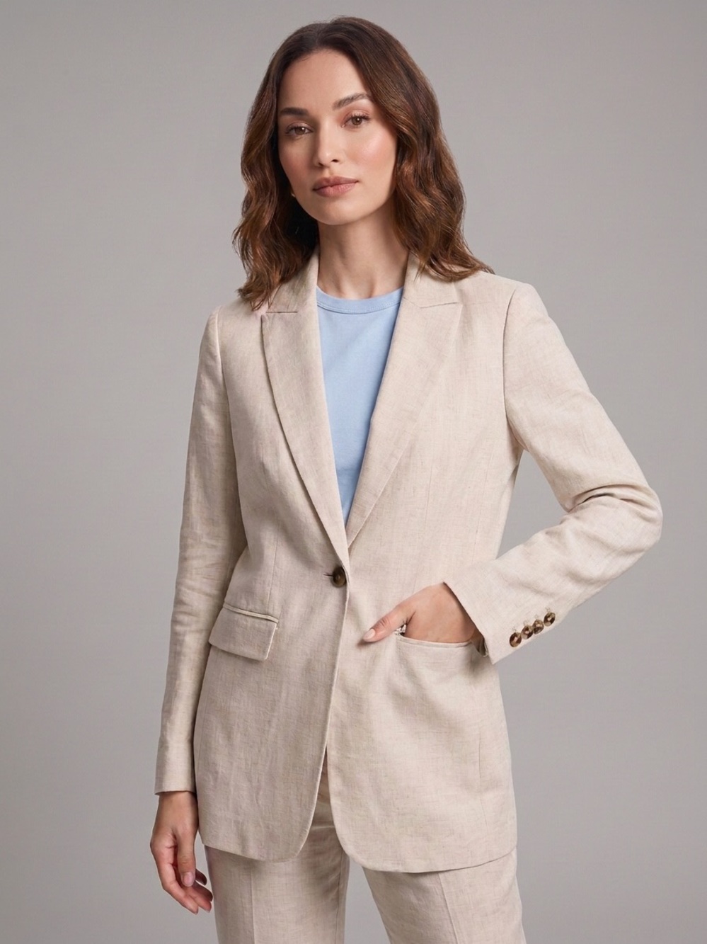 Banana Republic Beige Linen-Blend Single-Button Blazer